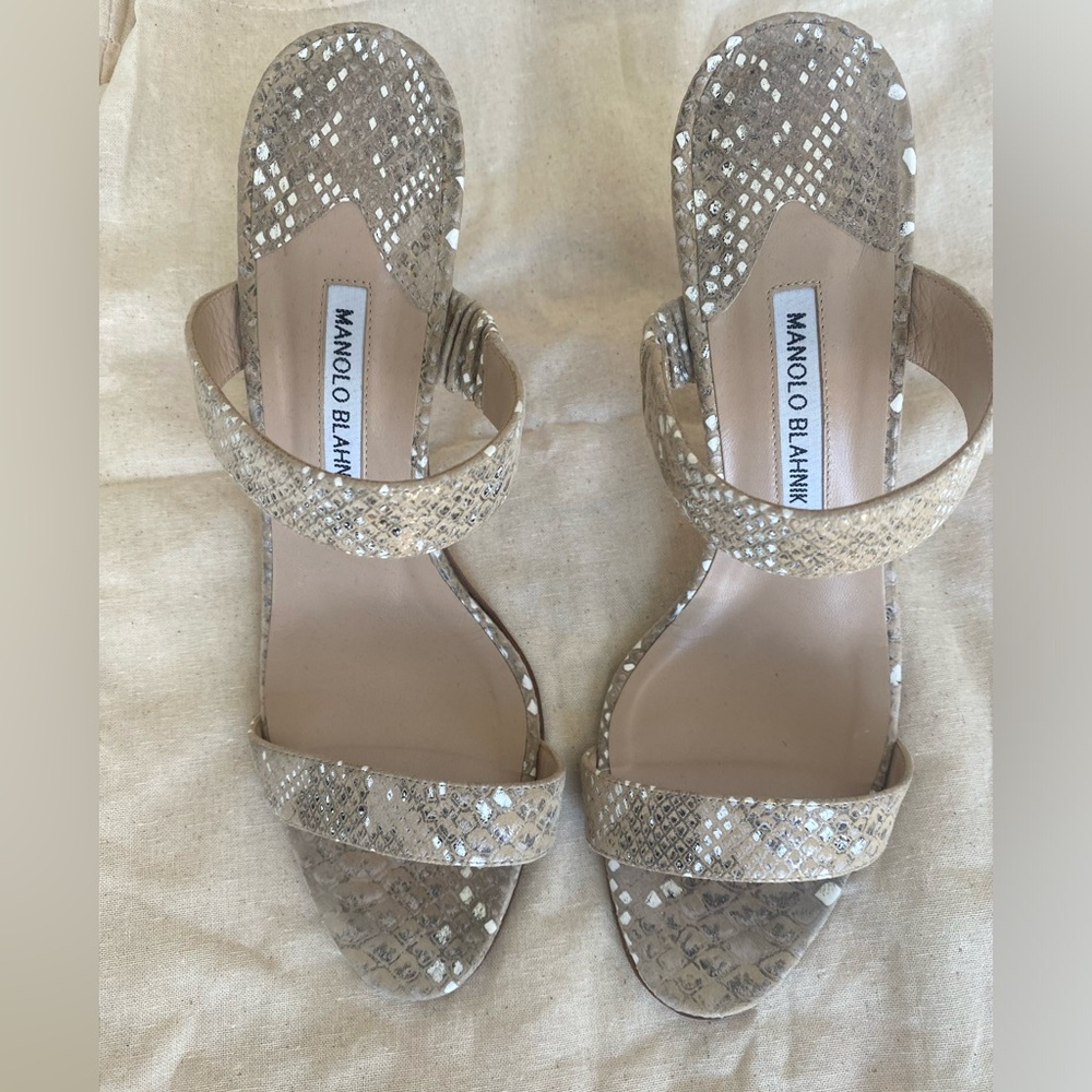 MANOLO BLAHNIK double strap,leather python,print sandals. Size 40.5